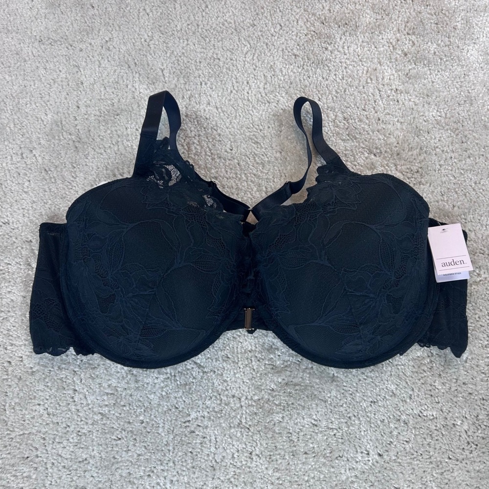 Auden Black Lace Push-Up Front Close Plunge Bra 48DD 023112835 New